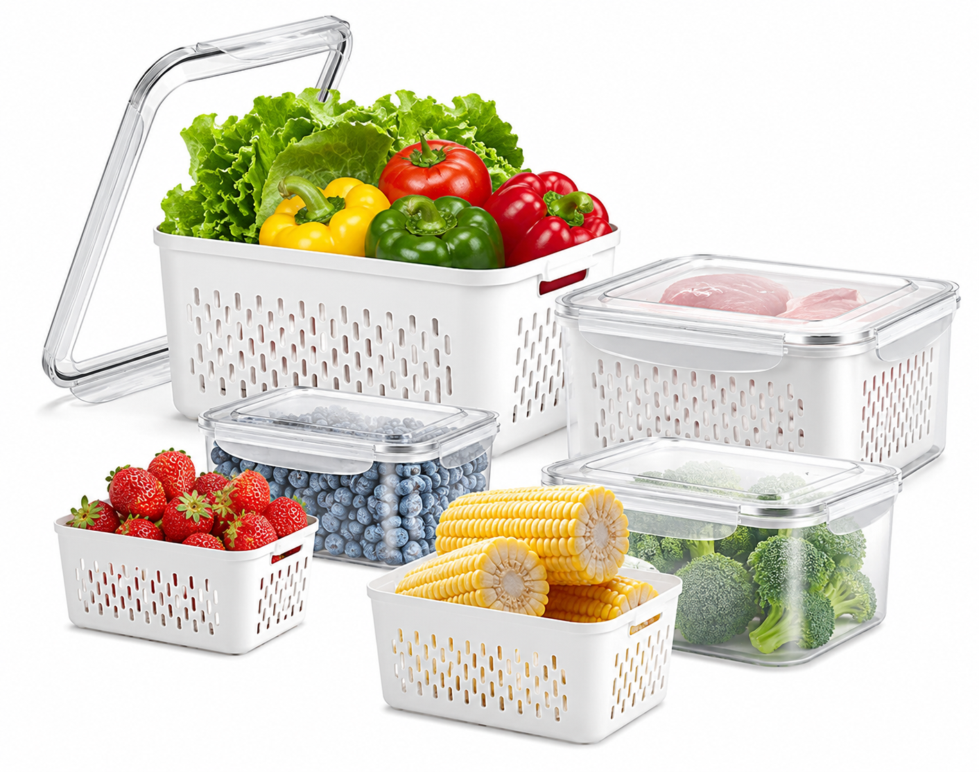 Fridge Organizer Storage Boxes with Drain Basket | Pack of 4