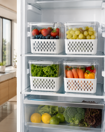 Fridge Organizer Storage Boxes with Drain Basket | Pack of 4