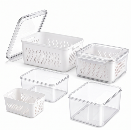 Fridge Organizer Storage Boxes with Drain Basket | Pack of 4