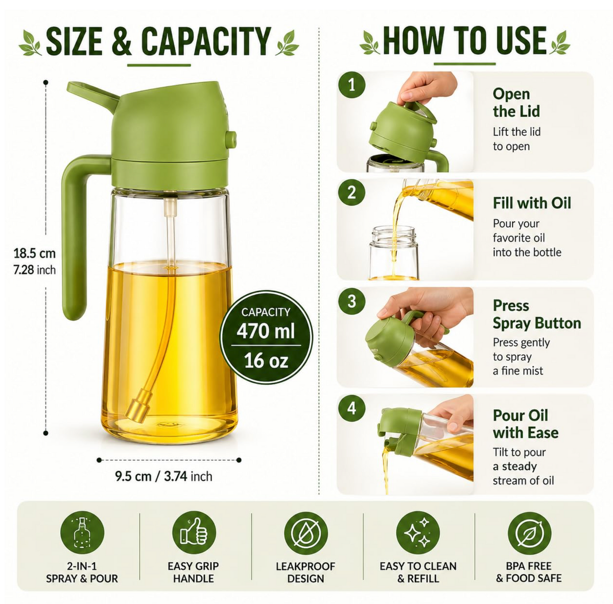 2-in-1 Oil Sprayer & Dispenser – Smart Oil Control for Mess-Free Cooking