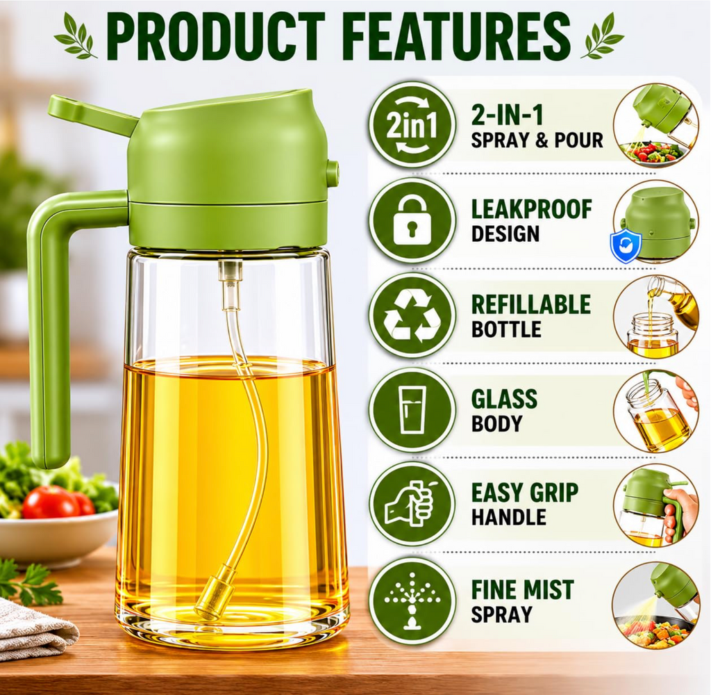 2-in-1 Oil Sprayer & Dispenser – Smart Oil Control for Mess-Free Cooking