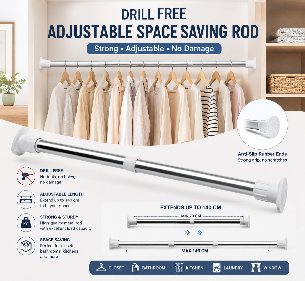Drill-Free Adjustable Space-Saving Rod